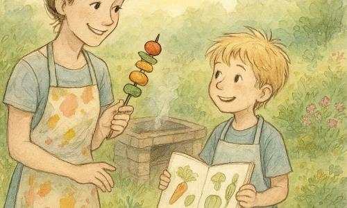 Lina, une femme souriante aux cheveux bruns attachés en chignon, porte un tablier coloré taché de sauce. Elle tient une brochette de légumes colorés, les yeux pétillant de fierté. Malo, un garçon de 6 ans aux cheveux blonds en bataille, porte un tablier trop grand pour lui. À côté de Lina, il tient un carnet ouvert avec des dessins de légumes. Ils se trouvent dans un jardin verdoyant, rempli de plantes aromatiques et de fleurs colorées. Un barbecue en pierre dégage une légère fumée, et une table en bois est couverte d'assiettes et d'ustensiles de cuisine. La scène est baignée d'une douce lumière de fin d'après-midi, créant une atmosphère chaleureuse et accueillante.