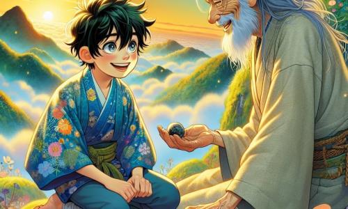 Un jeune homme nommé Kaito, âgé d'environ 12 ans, se tient au sommet d'une montagne verdoyante, son visage rayonnant de curiosité. Il a des cheveux noirs en désordre, des yeux brillants, et porte un kimono bleu avec des motifs floraux. Kaito observe un vieux sage d'environ 70 ans, aux cheveux argentés, vêtu d'une robe simple en lin beige, assis sur un rocher recouvert de mousse, souriant et tenant une petite pierre polie. La lumière dorée du soleil couchant illumine des fleurs colorées qui dansent dans le vent, tandis que des brumes légères flottent autour, créant une atmosphère magique. Kaito et le sage partagent un moment de connexion profonde, où le jeune homme écoute attentivement les paroles de l'ancien, symbolisant la quête de connaissance et d'aventure.