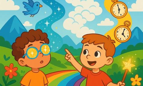 Il y a deux personnages principaux : Noé, un garçon de 8 ans avec des cheveux bouclés et des lunettes magiques brillantes, qui se tient à gauche en regardant le ciel, et Malo, un garçon de 7 ans avec des cheveux courts et une canne lumineuse, qui se trouve à droite de Noé, souriant et pointant un chemin mystérieux. L'action se déroule sur un pont arc-en-ciel au-dessus d'une vallée verdoyante, bordée de fleurs colorées et peuplée d'oiseaux éclatants, avec des montagnes majestueuses en arrière-plan. Noé et Malo contemplent trois chemins enchanteurs : l'un scintillant, l'autre enveloppé de nuages doux, et le dernier décoré d'horloges dansantes, se demandant lequel choisir pour découvrir les merveilles du monde.
