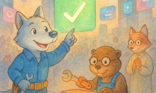 Léo, un petit loup anthropomorphe au visage doux et souriant, pelage gris et veste bleue, pointe vers un grand écran holographique devenu vert après la réparation du système de sécurité des drones ; à ses côtés, Émile le castor, brun, lunettes rondes et salopette, tient une clé orange en réparant une console lumineuse, tandis qu'un vieux renard en robe beige, lunettes rondes et mains jointes, se tient en retrait parmi la foule applaudissant dans un carrefour urbain futuriste au pied de deux tours de verre, pavés luisants, drones argentés suspendus et néons doux — scène rendue à l'aquarelle avec contours doux et couleurs pastel, atmosphère de soulagement et de solidarité.