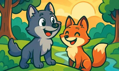 Un jeune loup nommé Léo, au pelage gris et aux yeux brillants, se tient au sommet d'une colline verdoyante, émerveillé par le lever de soleil doré. À ses côtés, sa meilleure amie, une renarde au pelage orange vif, sourit avec enthousiasme. Le paysage est une clairière parsemée de fleurs colorées, avec des arbres majestueux et un ruisseau scintillant. Léo et Luna réalisent que les plus beaux trésors sont les moments partagés dans la beauté de leur forêt enchantée.