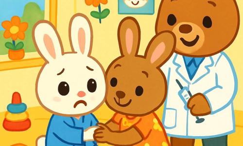 Petit Lapin, un adorable lapin aux grandes oreilles et au pelage doux et blanc, se tient au centre de la scène avec un regard inquiet. Il porte une petite veste bleue. À côté de lui, Maman Lapin, une lapine affectueuse au pelage brun clair, le regarde avec un sourire rassurant tout en tenant sa patte. Elle est vêtue d'une jolie robe à fleurs. Le docteur, un gentil ours en blouse blanche, se tient légèrement en retrait avec un sourire amical, tenant une petite seringue. La scène se déroule dans une salle d'attente lumineuse et accueillante, remplie de jouets colorés et de décorations joyeuses. Petit Lapin, un peu nerveux, se prépare à recevoir un vaccin, tandis que Maman Lapin lui parle doucement pour le rassurer.