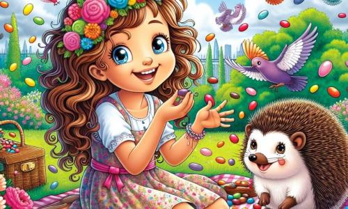 Lila, une fille de 12 ans aux cheveux châtains et bouclés, est assise sur un tapis de pique-nique coloré dans son jardin, souriant largement, les bras levés, entourée de bonbons multicolores qui tombent du ciel. À ses côtés, un hérisson aux piquants ébouriffés roule joyeusement, attrapant des bonbons. Le jardin est rempli de fleurs éclatantes et d'arbres verdoyants sous un ciel bleu avec des nuages blancs, tandis qu'un groupe de pigeons colorés danse autour d'eux, créant une ambiance joyeuse et magique.