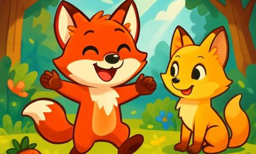 Un petit renard aux poils roux éclatants, avec de grands yeux brillants et un sourire chaleureux, se tient au centre d'une clairière ensoleillée, entouré de fleurs colorées et de baies juteuses. Il exprime une joie rayonnante, prêt à sauter de bonheur. À sa droite, une renarde au pelage doré, avec des yeux pétillants et un air curieux, l'observe avec un sourire amical, prête à partager des aventures. Le décor est une forêt verdoyante, baignée de lumière dorée, avec des arbres majestueux et un ciel bleu parsemé de nuages blancs. La scène montre Félix et sa cousine Lila jouant ensemble, symbolisant l'amitié et la découverte des émotions.