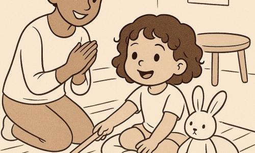 Fille de 2 ans aux cheveux courts bouclés, regard brillant et sourire confiant, assise sur un petit coussin et tendant la main pour attraper une cuillère brillante posée près du tapis; maman d’environ 30 ans, chignon, sourire doux, agenouillée derrière la fillette à gauche et applaudissant doucement; doudou lapin blanc aux longues oreilles posé sur le coussin, yeux cousus; cuisine cosy avec table basse ronde, tapis à larges rayures, une règle en bois utilisée comme baguette entre la fillette et la cuillère, murs clairs et petite fenêtre carrée laissant entrer une lumière douce; scène de découverte et de joie où la fillette pousse la cuillère hors du tapis, composition claire, traits nets et rendu tendre pour un tout-petit.
