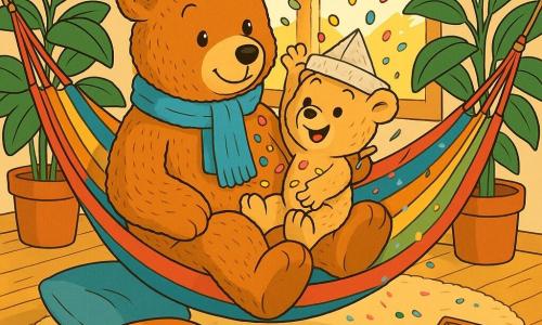Baptiste, grand ours en peluche marron clair au regard doux et protecteur, écharpe bleu ciel, assis dans un hamac coloré en tenant son petit frère Léo ; Léo, petit ours plus clair, joues rondes et sourire malicieux, chapeau en papier froissé, lance des confettis multicolores depuis le hamac ; deux grandes plantes vertes en pots penchées comme pour applaudir à gauche et à droite ; salon chaleureux à plancher clair, tiroir à crayons ouvert avec tubes de peinture et gommettes visibles, soleil doré par la fenêtre, coussins et tapis sous le hamac ; pluie de confettis rose, jaune, bleu et vert, hamac légèrement penché, ambiance joyeuse et tendre, mouvement marqué, couleurs vives et contours nets style bande dessinée.
