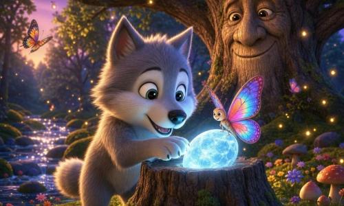 Petit Loup, un jeune loup gris à la fourrure duveteuse et aux grands yeux brillants, découvre avec émerveillement une petite pierre lumineuse bleutée dans une souche pendant un crépuscule doux, un papillon aux ailes irisées se pose dessus tandis qu'un vieux chêne au visage bienveillant veille en arrière-plan, la clairière moussuë parsemée de fleurs, de champignons et de lucioles bordée d'une rivière aux pierres argentées complétant l'atmosphère chaleureuse.