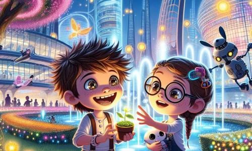 Dans un parc futuriste de Novaopolis, deux enfants, Timéo et Zoé, se tiennent au centre de l'image. Timéo, un garçon de cinq ans avec des cheveux bruns et des yeux curieux, sourit en tenant un petit robot. Zoé, avec des cheveux blonds tressés et des lunettes rondes, admire les fleurs brillantes autour d'eux. Le parc est rempli de fontaines colorées et d'arbres aux feuilles lumineuses. En arrière-plan, des immeubles en verre scintillent et des voitures volantes glissent dans le ciel. Timéo et Zoé plantent des fleurs magiques avec des robots jardiniers, créant un jardin éclatant qui purifie l'air et embellit la ville, symbolisant leur amitié et la magie de leur aventure.