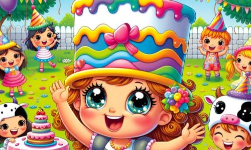 Lila, une petite fille de 4 ans aux grands yeux pétillants et cheveux bouclés, porte un chapeau en forme de gâteau coloré et sourit joyeusement au milieu d'un groupe d'enfants. Un garçon de 5 ans avec un chapeau en forme de vache rit en lançant son chapeau, tandis qu'une autre fille de 4 ans avec un chapeau en forme de nuage applaudit avec enthousiasme. La scène se déroule dans un jardin ensoleillé, rempli de fleurs colorées et de ballons, avec des guirlandes de papier décorant les arbres et une table chargée de gâteaux. Lila et ses amis dansent et échangent leurs chapeaux, créant une ambiance joyeuse et festive.