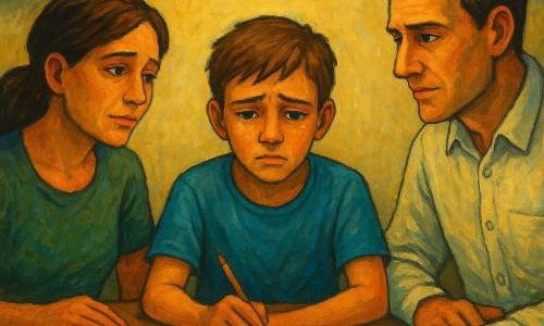 Garçon de 12 ans au regard mélancolique et yeux larmoyants, t-shirt bleu, assis à une table de cuisine avec un crayon entre les doigts et une clémentine devant lui; mère d'environ 38 ans au visage fatigué mais doux, main posée sur un cahier ouvert, légèrement tournée vers lui; père d'environ 40 ans au regard rassurant et mâchoire serrée, main sur la table comme pour expliquer; petite cuisine chaleureuse et sobre (mur crème, bol de fruits, lampe jaune), silence chargé et compassion visible, composition centrée sur visages et mains pour souligner l'émotion intime.