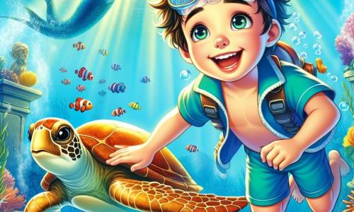 Un garçon de 10 ans, Louis, aux cheveux ébouriffés et aux yeux curieux, nage joyeusement sous l'eau avec un sourire émerveillé. Il porte une combinaison de plongée bleue trop grande pour lui. À ses côtés, une tortue de mer majestueuse, ornée de motifs dorés, nage gracieusement. La scène se déroule dans une clairière sous-marine éclairée par des rayons de soleil, illuminant des coraux colorés et des poissons éclatants. Au fond, une statue de sirène, à moitié enfouie dans le sable, les observe. Louis, émerveillé par la beauté de son environnement, suit la tortue et découvre un monde magique rempli de couleurs vives et de mystères sous-marins.
