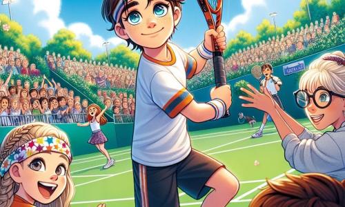 Lucas, un garçon de douze ans aux cheveux bruns et aux yeux pétillants, se tient au centre du terrain de tennis, raquette à la main, prêt à frapper une balle. À sa droite, Clara, une fille souriante avec des cheveux blonds en tresse, l'encourage avec enthousiasme. À gauche, Antoine, un garçon en fauteuil roulant, porte des lunettes et un t-shirt de tennis, brandissant une pancarte de soutien. Le terrain est entouré de verdure et de spectateurs applaudissant. Le ciel est bleu et ensoleillé, créant une ambiance joyeuse. La scène représente un moment crucial d'un match, où Lucas et Clara se préparent à remporter un point, illustrant l'esprit d'équipe et la passion pour le sport.