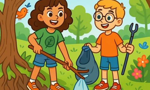 Une fille de 12 ans, Lou, aux cheveux châtains bouclés et aux yeux déterminés, se tient au bord d'un ruisseau, un sourire fier sur le visage. Elle porte un t-shirt vert à motif de feuille et un short en jean, tenant une branche pour retirer un sac plastique coincé dans les racines d'un arbre. À ses côtés, son ami Léo, également âgé de 12 ans, aux cheveux blonds et lunettes rondes, l'encourage avec admiration, tenant une pince à déchets. Le parc est verdoyant, avec des arbres majestueux, des fleurs colorées et un ruisseau scintillant. Lou et Léo sont déterminés à nettoyer le ruisseau, symbolisant leur engagement pour la protection de l'environnement.
