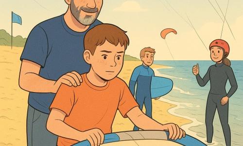 Malo, 12 ans, visage rond et taches de rousseur, châtain court, concentré et légèrement fier, tient le bord d'attaque d'une aile de kitesurf beige et bleu, jambes écartées sur le sable humide; Karim, ~45 ans, barbe poivre et sel, sourire calme, lunettes sur la tête, se tient derrière lui la main rassurante sur l'épaule; Lina, ~12 ans, cheveux longs attachés, combinaison noire et casque rouge, est dans l'eau peu profonde tenant la barre, pouce levé prête à décoller l'aile; Hugo, ~13 ans, en combinaison bleue, tient une planche au bord de l'eau et regarde Malo avec encouragement. Plage large au sable doré et vagues calmes, ciel clair parsemé de kites colorés (rouge, jaune, bleu), drapeaux et serviettes éparses; ambiance coopérative, gestes précis, lumière douce de fin d'après-midi, style graphique net aux couleurs pastel et textures crayonées.