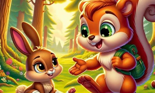 Au centre de l'image, Noisette, un petit écureuil souriant aux yeux pétillants et à la queue flamboyante, tend la patte vers son ami Caramel, un lapin aux grandes oreilles au pelage brun. Caramel, assis sur l'herbe avec une patte bandée, le regarde avec gratitude. En arrière-plan, la clairière de la forêt de Chêne-Vert est illuminée par le soleil couchant, entourée d'arbres majestueux et de fleurs colorées, créant une atmosphère joyeuse. La scène illustre l'amitié et la solidarité entre Noisette et Caramel, alors qu'ils participent aux jeux de la fête de la forêt.