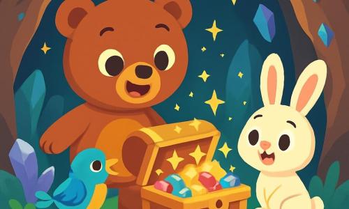 Teddy, un ours en peluche brun aux grands yeux brillants, se tient devant un coffre en bois ancien, souriant avec émerveillement. À ses côtés, un petit oiseau bleu chante joyeusement, perché sur le coffre, tandis qu'un lapin blanc aux grandes oreilles, assis sur l'herbe, les regarde avec enthousiasme. La scène se déroule dans une grotte mystérieuse, illuminée par des lumières scintillantes et ornée de cristaux brillants, avec un sol tapissé de feuilles dorées. Teddy et ses amis découvrent un coffre rempli de pierres précieuses, réalisant que le véritable trésor est l'amitié.