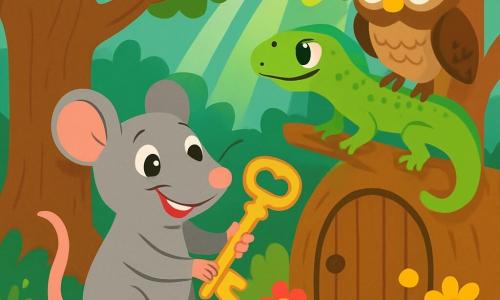 Un rat nommé Rémi, avec un pelage gris et des yeux curieux, tient une clé en or dans ses pattes. Il sourit émerveillé, devant une porte en bois ornée de fleurs. À côté, Léa, la lézarde aux écailles vertes, observe la clé depuis une branche. Gaspard, le hibou aux plumes brunes, les regarde depuis une autre branche. Ils se trouvent dans une forêt enchantée, avec des arbres majestueux et des rayons de soleil. Rémi est sur le point d'ouvrir la porte magique avec la clé, plein d'excitation.