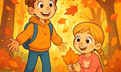 Un garçon de 12 ans, Octave, se tient dans une forêt d'automne, entouré de feuilles dorées et rouges. Il a des cheveux châtains en désordre, des yeux curieux et un grand sourire. À côté de lui, sa sœur Lucie, 8 ans, est accroupie, tenant une feuille brillante, fascinée. La forêt est enchantée, avec des arbres majestueux et un sol recouvert de feuilles mortes. Octave et Lucie ramassent des feuilles colorées, riant et jouant ensemble, tandis que des rayons de soleil illuminent la scène.