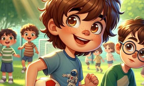 Au premier plan, Mathéo, un garçon de 9 ans avec des cheveux châtains en désordre et un sourire joyeux, tient un ballon de foot rouge. Il porte un t-shirt bleu avec un dessin d'astronaute et un short en jean. À ses côtés, Baptiste, aussi âgé de 9 ans, a des cheveux bruns et des lunettes rondes, avec un léger sourire timide, vêtu d'un t-shirt vert et d'un pantalon beige, observant les autres enfants. La scène se déroule dans une cour d'école animée, avec des arbres verdoyants et des enfants rieurs. Mathéo et Baptiste, unis par leur amitié, sont prêts à jouer au foot, illustrant ainsi le thème de l'amitié entre deux personnalités différentes.
