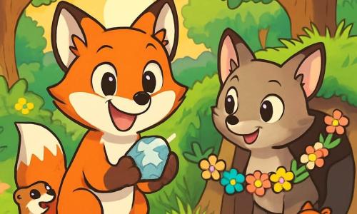 Au centre de l'image, Filou, un jeune renard au pelage roux, sourit joyeusement en tenant une pierre brillante. À ses côtés, Miko, un petit renard au pelage terne, montre timidement une guirlande de fleurs accrochée à son terrier. En arrière-plan, la clairière d'Émeraude est illuminée par le soleil couchant, avec des arbres majestueux et des fleurs colorées. Des animaux de la forêt, comme une belette et un écureuil, se rassemblent autour d'eux, tous souriants et curieux. La scène illustre un moment de partage et de joie, célébrant leur amitié et la beauté de la nature.