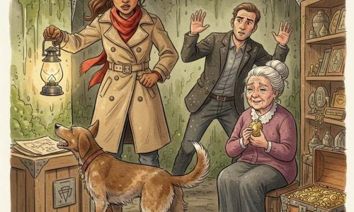 Léa, détective déterminée en trench-coat beige et écharpe rouge, tient une lampe à huile et éclaire un homme suspect surpris et poussiéreux, tandis que Sherlock, chien fidèle au pelage brun, aboie près d’une caisse; Madame Martin, vieille femme aux cheveux blancs, assise, serre une amulette retrouvée; la scène se passe dans une salle souterraine en pierre humide avec caisses, cartes et artefacts dorés, éclairée par la lampe créant de longues ombres — confrontation dramatique mais non violente, ambiance d’aventure et tension apaisée.