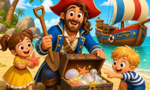 Polo, un pirate joyeux et courageux, porte un manteau bleu vif, un chapeau rouge à petite ancre, une barbe douce et une longue mèche, tient une pelle en bois et montre un coffre ancien ouvert rempli de coquillages nacrés et d’étoiles de mer lumineuses ; à sa droite un garçon d’environ 7 ans, enthousiaste, cheveux blonds courts et marinière rayée, est accroupi et pointe les coquillages, à sa gauche une fille d’environ 6 ans, rieuse, cheveux bruns en couettes et robe jaune, tient une étoile de mer près du sable ; derrière, le petit bateau coloré 