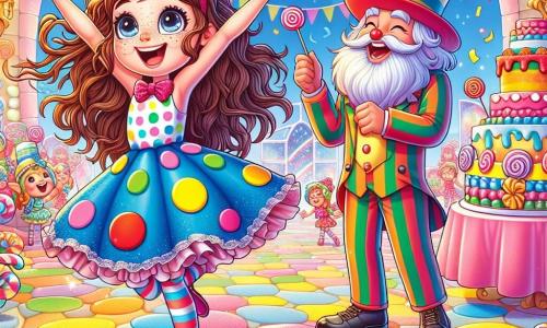 Une fille de 12 ans, Lou, avec de longs cheveux bruns et des yeux curieux, danse joyeusement dans une pièce colorée. Elle porte une robe à pois multicolores et affiche un grand sourire. À ses côtés, le Maestro, un homme barbu en combinaison de bonbon, applaudit avec enthousiasme. Le lieu, le Pays des Délices, est magique, avec des murs en bonbons et des lampes en guimauve. Lou exécute son mouvement de danse, le « tourbillon de la fraise », entourée de créatures fantastiques qui s'amusent, tandis qu'un nuage de sucre d'orge se forme au-dessus d'eux.