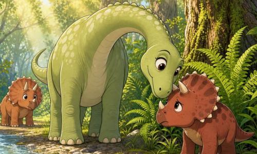 Dina, un diplodocus femelle doux et bienveillant au long cou courbé, peau vert pâle tachetée, yeux ronds et souriants, penche la tête pour réconforter Téo, un petit tricératops perdu et timide aux cornes courtes et robe brun-rouge, yeux grands et inquiets; Léo, un autre tricératops plus petit et curieux, apparaît en arrière-plan à gauche. La scène se déroule au bord d'une rivière claire aux galets luisants, entourée de grandes fougères et d'arbres moussus, avec des rayons de soleil dorés filtrant le feuillage; composition centrée sur le contact des visages, atmosphère chaleureuse et lumineuse, style coloré à traits nets, expressions lisibles pour les enfants.