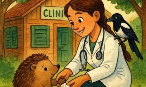 Une vétérinaire, Dr Zoé, souriante et bienveillante, avec une tresse brune, porte une blouse blanche et des bottes vertes. Elle est accroupie devant sa clinique en bois, tenant la patte d'un hérisson. Hugo le hérisson, avec un bandage souriant sur sa patte, regarde Zoé curieusement. Margot la pie, aux plumes noires et blanches, est perchée sur l'épaule de Zoé. La scène se déroule devant une cabane en bois avec des volets verts, entourée d'arbres aux feuilles vertes. Dr Zoé soigne tendrement la patte d'Hugo dans une ambiance chaleureuse sous la lumière du matin.
