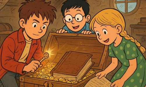 Trois enfants dans un vieux grenier lumineux au bois chaud : Tom (11 ans, cheveux bruns en bataille, veste rouge usée) accroupi à gauche tient une clé brillante, Léa (10 ans, cheveux blonds en tresse, robe verte à pois) à droite tient un vieux journal ouvert sur ses genoux, et Max (11 ans, cheveux noirs courts, lunettes rondes, pull bleu) est derrière le coffre, émerveillé. Ils viennent d'ouvrir un coffre clouté rempli de pièces dorées et de bijoux étincelants; au centre repose un journal cuir usé. Atmosphère intime et secrète, rayons de soleil obliques, poutres apparentes, poussière lumineuse et reflets sur l'or.
