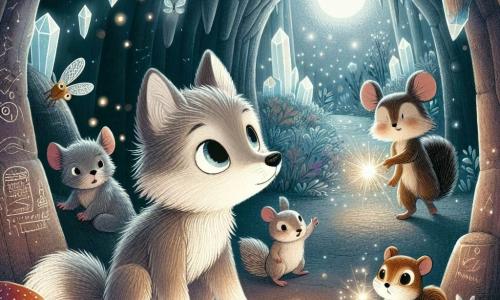Un petit loup nommé Léo, avec un pelage gris et des yeux curieux, se tient au centre de la scène, souriant. Il est entouré de ses amis : Mimi, une petite souris beige avec des yeux pétillants, qui éclaire la grotte avec une lampe torche, et Tim, un écureuil brun aux joues rondes, qui observe avec émerveillement. La scène se déroule dans une grotte mystérieuse aux murs scintillants de cristaux et de dessins étranges, où la lumière crée des ombres dansantes. Des lucioles illuminent l'entrée, ajoutant une touche magique. Léo, d'abord nerveux, découvre la beauté de la nuit en explorant la grotte avec ses amis.