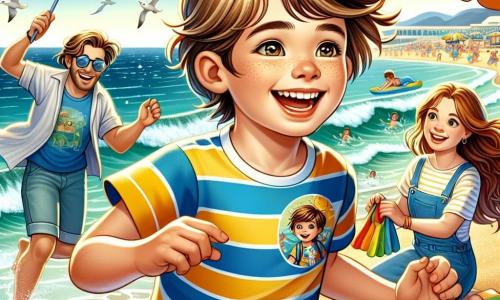 Un garçon de 10 ans, Louis, aux cheveux châtains en bataille et aux yeux pétillants, court sur la plage, souriant, les bras ouverts. Il porte un maillot de bain rayé bleu et jaune et un t-shirt blanc avec un dinosaure. Sa maman, une femme d'environ 35 ans avec des cheveux longs et bruns, sourit en tenant une serviette colorée, tandis que son papa, un homme d'environ 40 ans avec une barbe légère et des lunettes de soleil, construit un château de sable. La plage est ensoleillée avec du sable doré, des vagues turquoise et des parasols colorés. En arrière-plan, des enfants jouent avec des cerfs-volants et des ballons. Louis s'amuse à courir vers l'eau, éclaboussant les vagues, tandis que sa famille l'encourage, créant une atmosphère de bonheur estival.
