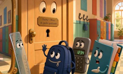 Gabin, un petit cartable à roulettes bleu nuit anthropomorphique à fermeture éclair souriante, roule vers une large porte en bois clair aux nœuds comme yeux, plaque « Entrée – Merci de parler gentiment » et fente-bouche, la main-lanière levée en salut ; à sa gauche une règle transparente et curieuse est inclinée vers la porte, à droite un classeur épais et bavard gesticule avec des feuilles, une calculatrice grise inquiète clignote derrière lui ; le couloir au sol en damier et aux murs décorés baigne dans une douce lumière matinale filtrant par la porte, qui clic et s’ouvre sur un halo chaud tandis que Gabin dit poliment « bonjour, s’il te plaît ».