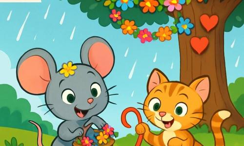 Lili la Souris, petite et mignonne avec un pelage gris et de grandes oreilles rondes, est pleine d'excitation, ses yeux pétillants de joie alors qu'elle tient un petit panier en osier rempli de fleurs colorées. À ses côtés, Miette, le chaton farceur aux poils tigrés et aux yeux verts malicieux, joue avec un ruban rouge. En arrière-plan, un vieux chêne majestueux est décoré de guirlandes de fleurs et de cœurs en papier. La scène se déroule sous un ciel bleu clair, avec des gouttes de pluie qui commencent à tomber. Lili cherche des pétales scintillants pour sa couronne, tandis que Miette s'emmêle dans les rubans colorés.