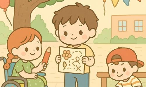 Trois enfants de 10 ans — Sami, garçon aux cheveux bruns en bataille, debout au centre avec une carte; Lou, fille rousse en tresse, assise en fauteuil roulant coloré à gauche, accrochant une affiche fleurie; Paul, garçon aux cheveux châtain et casquette rouge à l’envers, accroupi à droite pour glisser un indice sous un banc — organisent une chasse au trésor sous un grand tilleul dans la cour d’école pavée, décorée de ballons, banderoles et panneaux colorés, ambiance joyeuse aux couleurs pastel et lumière douce de fin d’après-midi.