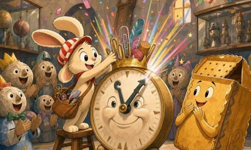 Un petit lapin anthropomorphe, oreilles longues et souples, casquette rayée rouge et blanche et sac en bandoulière rempli de bric-à-brac, pose avec joie et détermination une couronne faite d’un trombone géant, d’une plume, d’un bouchon et de laine sur une grande pendule souriante; à droite, Le Défi-Énorme, créature en forme de coffre à biscuits entrouvert au sourire maladroit et texture biscuit doré, observe avec étonnement et fierté; derrière le lapin, plusieurs petites statues souriantes en papier-mâché applaudissent en demi-cercle; la pendule du possible, grand appareil rond au cadran sculpté et aux aiguilles gelées sur le mot "Impossible", engrenages en laiton et rubans lumineux, commence à vibrer quand la couronne la touche, des faisceaux lumineux colorés jaillissent, les engrenages s’animent et "Impossible" se fissure pour révéler "Possible", tandis que le musée — grande salle aux murs façon carton-pâte, vitrines d’objets insolites, horloges décalées, éclairage chaud pastel, textures gouache, confettis et étincelles — célèbre le triomphe.
