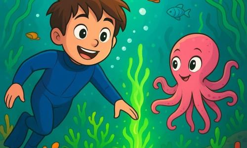 Léo, un garçon de 10 ans aux cheveux bruns en bataille et aux yeux curieux, nage avec enthousiasme dans une eau turquoise. Il porte une combinaison de plongée bleue, contrastant avec les coraux colorés. Son visage exprime joie et émerveillement alors qu'il explore. À ses côtés, Mila, une petite pieuvre aux tentacules roses, danse joyeusement, créant des bulles. Le décor est une salle sous-marine avec des algues phosphorescentes vertes et des poissons colorés. Léo et Mila se dirigent vers une algue rare, entourée d'oursins violets, Léo s'apprête à récupérer l'échantillon avec courage.