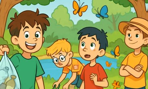 Quatre enfants se trouvent dans une réserve naturelle. Maxence, 12 ans, a des cheveux bruns en désordre et porte un t-shirt vert. Lucas, 12 ans, aux cheveux blonds et portant des lunettes, ramasse une bouteille en verre. Théo, 12 ans, avec des cheveux noirs et des taches de rousseur, admire des papillons colorés. Léo, 12 ans, a des cheveux châtains et un chapeau de soleil, et regarde ses amis avec un sourire. Ils ramassent des déchets tout en appréciant la beauté de la nature, entourés de verdure et de sons d'oiseaux et d'insectes, près d'un étang scintillant.