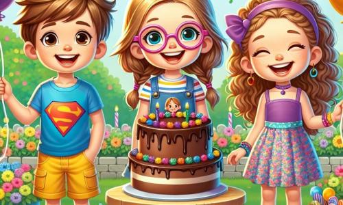 Trois personnages principaux sont présents : Lucas, un garçon de 8 ans avec des cheveux bruns en bataille et des lunettes rondes, souriant au centre avec un gâteau au chocolat devant lui. À droite, Léa, une fille de 8 ans aux cheveux blonds tressés et lunettes roses, tient des ballons multicolores. À gauche, Zoé, également âgée de 8 ans, avec des cheveux châtains bouclés et un bandeau violet, rit en tenant un sachet de bonbons. La fête se déroule dans un jardin ensoleillé, décoré de fleurs et de guirlandes, avec une grande table sous un chêne. Les enfants célèbrent l'anniversaire de Lucas, entourés de rires et de décorations, prêts à souffler les bougies.