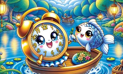 Au bord d'un lac scintillant, une horloge nommée Tic-Tac danse joyeusement sur son bateau, tenant une lettre parfumée. À ses côtés, un petit poisson argenté nage avec entrain, prêt à l'aider. En arrière-plan, le lac est entouré de fleurs colorées et de grands arbres, tandis que des lanternes flottent sur l'eau. Tic-Tac et le poisson voguent ensemble, prêts à livrer une invitation pour une fête de l'amitié, sous un ciel bleu parsemé de nuages.