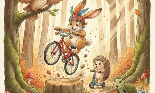 Un lapin-véloci beige aux longues oreilles flottantes, casque orné de plumes et sourire déterminé, effectue un salto aérien sur son vélo rouge à roues brillantes au-dessus d’un large tronc coupé, éclats de bois et poussière volant autour de ses pattes; derrière le tronc, un hérisson aux piquants hérissés, surpris et admiratif, attend sur une trottinette à ressorts, tandis qu’en bas à droite une tortue concentrée sur un skateboard équipé d’un petit ventilateur roule sur un sentier de feuilles; à gauche, le Grand Hibou Sagesse, plumage brun et yeux dorés, perché sur une branche, agite une aile en signalant le départ; la forêt dense et lumineuse — troncs mousseux, tapis de feuilles orangées, champignons rouges à pois blancs, racines en escaliers et rayons de soleil filtrant — amplifie la composition très dynamique, les lignes de vitesse aquarellées et les éclaboussures de terre, créant une atmosphère joyeuse et héroïque.
