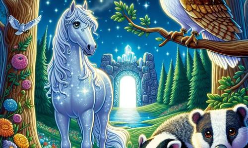 Un majestueux cheval blanc nommé Arion, avec une crinière scintillante, se tient fièrement au centre de la clairière, ses yeux brillants de détermination. À ses côtés, un vieux hibou aux plumes brunes et dorées observe attentivement, et un blaireau bedonnant, avec un pelage rayé, se tient près de l'herbe, prêt à aider. La clairière est entourée de grands arbres aux feuilles vertes, et des rayons de lune illuminent le sol parsemé de fleurs colorées. Au fond, une porte colossale en pierre, ornée de symboles lumineux, s'ouvre lentement, révélant un sanctuaire éclatant. Arion s'avance vers le Cristal de Lumière, prêt à affronter l'ombre menaçante, tandis que ses amis l'encouragent dans leur quête pour sauver leur monde.