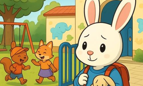 Lino, petit lapin blanc au visage doux, grandes oreilles roses, portant un petit pull bleu, un sac à dos rouge et serrant un doudou beige, est un peu nerveux mais curieux et sourit timidement; derrière lui, Maman Lapin, grande lapine brune en manteau jaune, lui fait signe depuis le pas de la porte; une institutrice lapine en robe verte accueille à l'entrée de la classe, bras ouverts; deux enfants — un écureuil roux à casquette orange et une renarde rousse en jupe violette — jouent près des balançoires à gauche; la scène se passe à l'entrée d'une petite école colorée (portail bleu, murs crème avec fresques d'animaux, cour pavée claire, balançoires rouges, banc en bois et grand arbre vert) : Lino est au portail prêt à entrer, doudou serré, maman l'encourage et d'autres enfants jouent dans une cour ensoleillée et bienveillante.