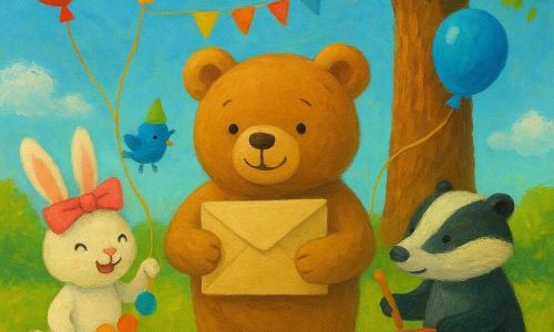 Barnabé, grand ours en peluche brun clair et souriant, tient une grande enveloppe beige contre sa poitrine et la ficelle d'un ballon doré ; à sa gauche Lila, petite lapine blanche aux grandes oreilles et ruban rose, joyeuse, tient le rouleau de papier de la guirlande ; à sa droite Gaston, blaireau trapu rayé noir et gris, tape doucement un petit tambour rouge ; Pio, oiseau bleu minuscule au chapeau vert, vole au-dessus de la main de Barnabé en tenant un ruban. Ils se trouvent dans un jardin herbeux sous un grand chêne décoré d'une guirlande ; une petite table avec un gâteau à la vanille est derrière eux. Ensemble ils lâchent des ballons colorés vers un ciel bleu clair, ficelles encore en main, scène de partage calme aux expressions douces et aux couleurs chaleureuses.
