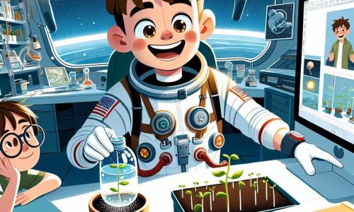 Un astronaute nommé Thomas flotte joyeusement dans une station spatiale, souriant avec curiosité. Il porte une combinaison spatiale blanche avec des détails colorés et tient une petite bouteille d'eau pour arroser des graines de haricot. À côté de lui, Lucas, un garçon de douze ans avec des lunettes, admire son oncle, entouré de livres sur l'espace. La scène se déroule dans une station spatiale moderne, éclairée par des hublots, avec des instruments scientifiques et des plantes flottantes. Thomas montre à Lucas comment arroser les plantes en apesanteur, des gouttes d'eau flottant autour d'eux.