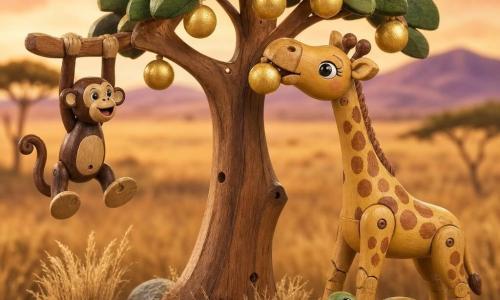 Gisèle, jeune girafe en bois peint au long cou tacheté d’or et sourire doux, étire le cou pour cueillir un fruit doré ; à gauche, Coco le petit singe en bois brun est suspendu, bras tendus, et à droite Timéo la tortue en bois vert à la carapace tachetée repose au pied de l’arbre ; au centre un grand arbre à feuilles vertes porte des fruits dorés scintillants ; décor de savane dorée aux herbes hautes, collines mauves et ciel pastel de coucher de soleil, lumière chaude et atmosphère douce et joyeuse d’amitié.