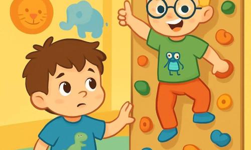 Il y a deux personnages principaux : Lucas, un garçon de 3 ans aux cheveux bruns en bataille, portant un t-shirt bleu avec un dinosaure et un short jaune, qui se tient devant un mur d'escalade, inquiet mais déterminé ; et Max, un garçon de 3 ans aux cheveux blonds et lunettes rondes, en t-shirt vert avec un robot et pantalon rouge, qui grimpe le mur en souriant et encourage Lucas. Le lieu est une crèche colorée avec des murs jaunes et des dessins d'animaux, où se trouve un mur d'escalade en bois avec des prises colorées, entouré de tapis moelleux. La scène montre Lucas, nerveux, observant Max grimper avec assurance, tandis que Max, au sommet, l'encourage à essayer.