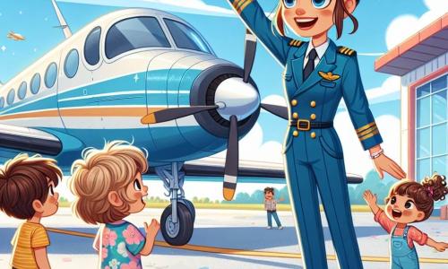 Sophie, une pilote avec des cheveux bruns en chignon et un grand sourire, se tient à côté de son avion, portant une combinaison bleue et un casque, prête à décoller. À ses côtés, Lucas, un petit garçon de 8 ans aux cheveux blonds en bataille, admire l'avion. Un peu plus loin, Emma, une fillette de 7 ans avec des cheveux bouclés, saute de joie en pointant vers le ciel. L'aérodrome est ensoleillé, avec des avions colorés sur le tarmac et des enfants émerveillés autour de Sophie, qui leur explique la magie de voler.