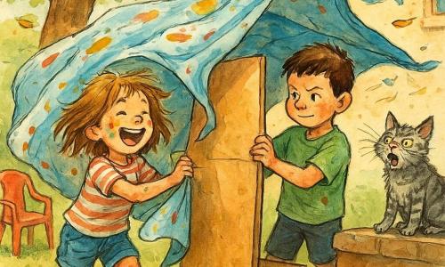 Une fille de 6 ans rieuse, cheveux châtain clair en bataille mi-longs, taches de peinture sur les joues, en t‑shirt rayé et short en jean, tient une couverture qui glisse tandis qu’elle rit aux éclats ; son jumeau de 6 ans, cheveux bruns courts, en t‑shirt vert un peu sale, tire d’un côté de la couverture en tenant un grand carton plié comme une porte, concentré et amusé ; le vieux chat gris rayé nommé Moustache, poils hérissés, est perché sur un muret et miaule en ouvrant un œil ; la scène se déroule dans la cour d’un immeuble sous un marronnier, autour d’herbe, cartons et chaises en plastique, des feuilles tourbillonnent : une cabane improvisée de couvertures et cartons est secouée par un coup de vent et la couverture commence à tomber sur les enfants qui se retrouvent pris dedans en riant, créant une composition dynamique de mouvement.