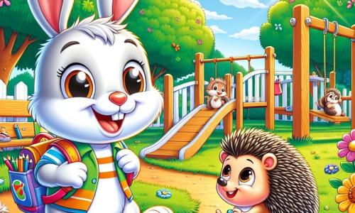 Dans une cour de récréation ensoleillée, un petit lapin nommé Léo, aux grandes oreilles et au pelage blanc, saute joyeusement avec un sourire. Il porte un sac à dos coloré rempli de crayons et de collations et tend la patte vers son nouvel ami, Nino le hérisson, qui affiche une expression d'excitation et de timidité, tenant une petite flûte. La cour est entourée d'arbres et de fleurs, avec des jeux en bois en arrière-plan, tandis que d'autres animaux s’amusent à proximité. Léo et Nino rient et jouent ensemble, illustrant la joie de leur amitié naissante dans un environnement chaleureux.